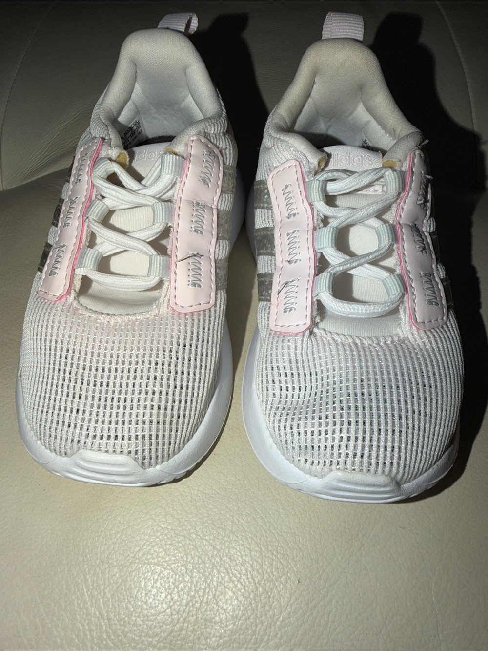 adidas Kids White Sneakers with Pink Trim